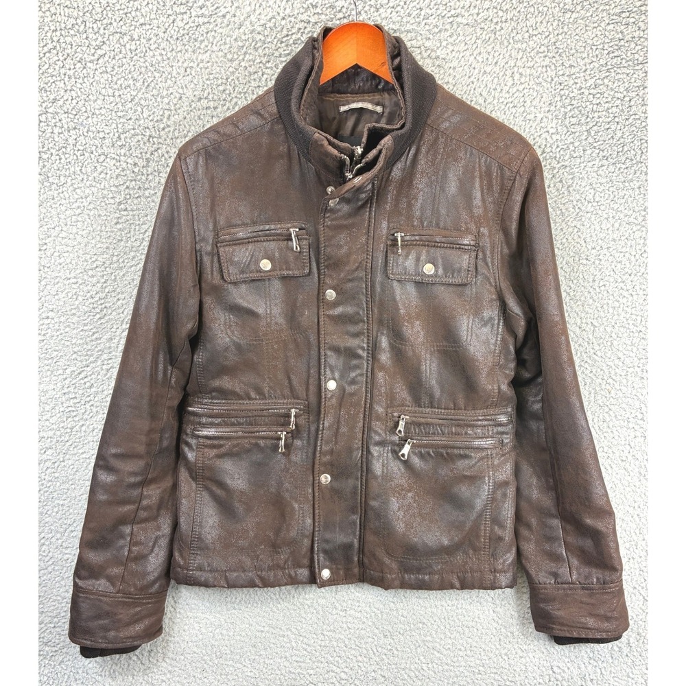 Zara Man Faux Leather Moto Jacket Mens M Brown Multi Pocket Distressed